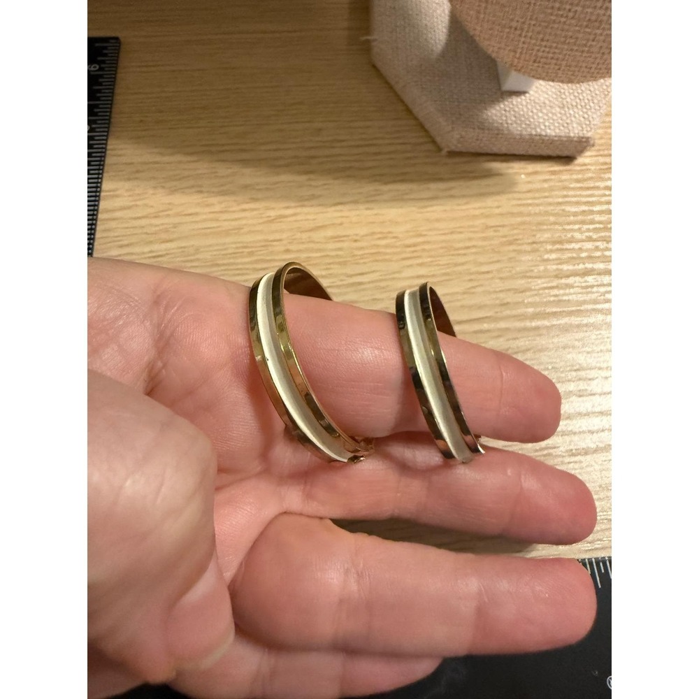 Lewis Segal Vintage Gold Tone White Enamel Clip On Hoop Earrings